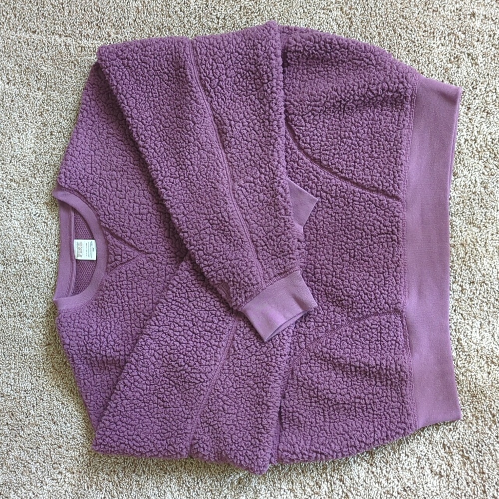 VS PINK Sherpa Pullover Womens Sz S Pink Fleece Oversized Boxy Crew Neck Pockets